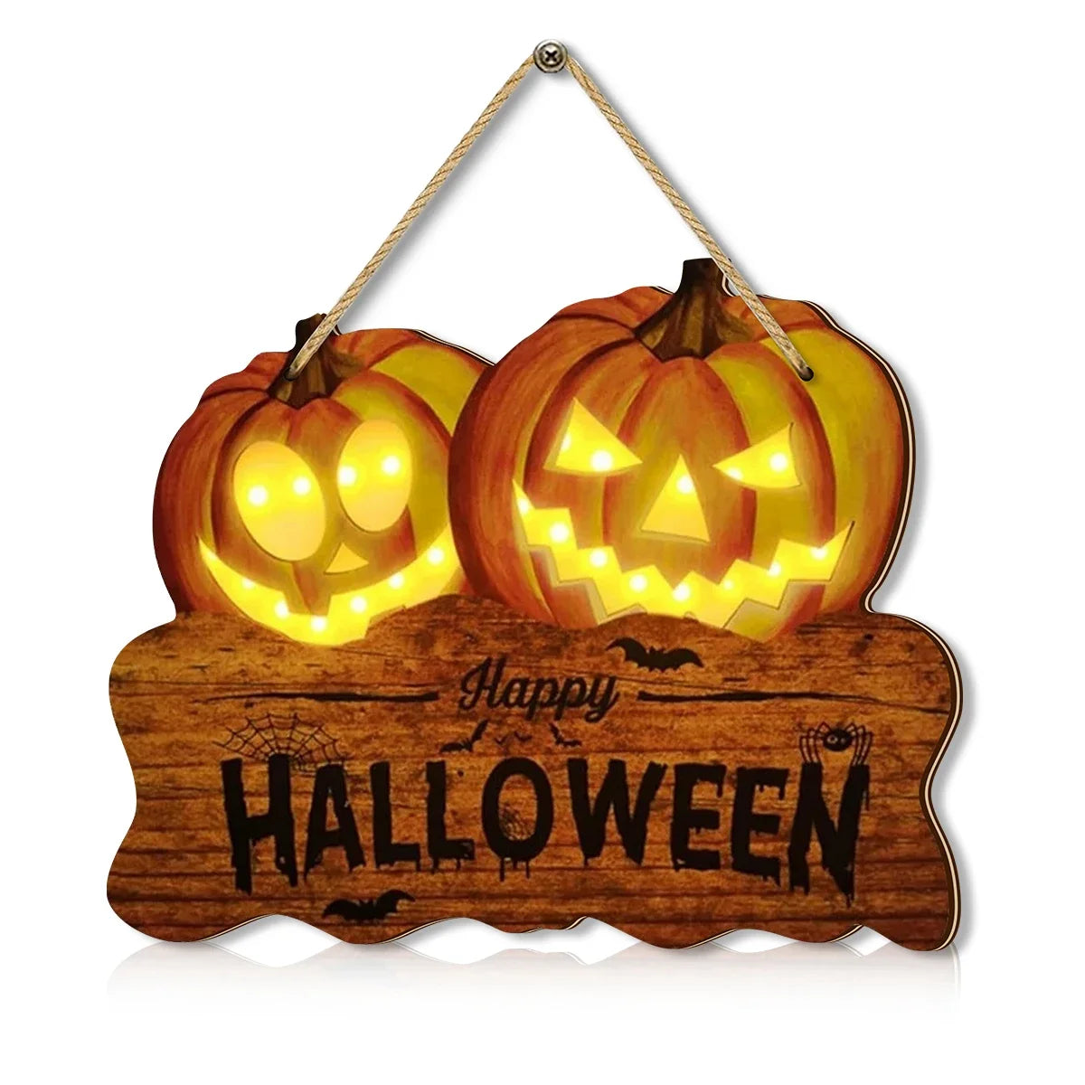 Light up the wooden Halloween sign with two jack-o'-lantern pumpkin lanterns for festive home decoration Proshop