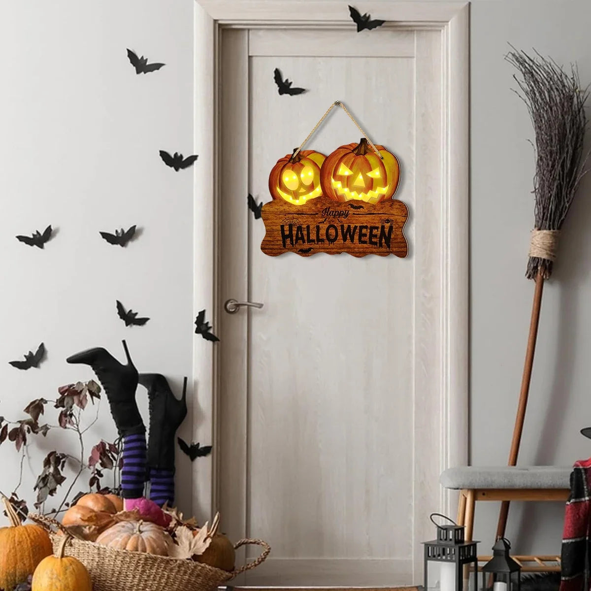Light up the wooden Halloween sign with two jack-o'-lantern pumpkin lanterns for festive home decoration Proshop