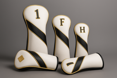 gold head cover collection image with black and white color scheme with grey background