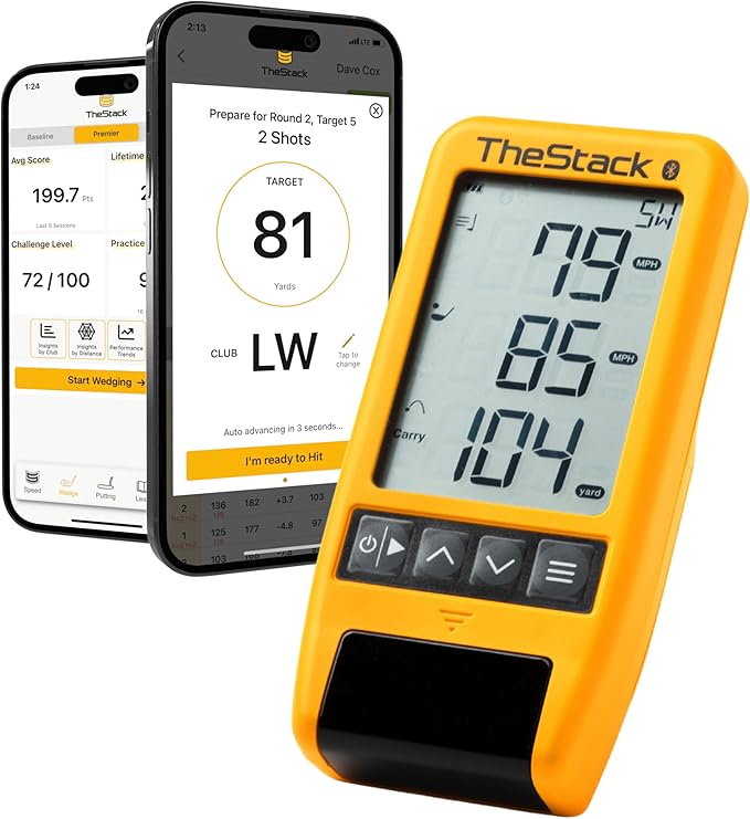 Yellow TheStack Radar launch monitor showing speed readings next to a phone running TheStack App
