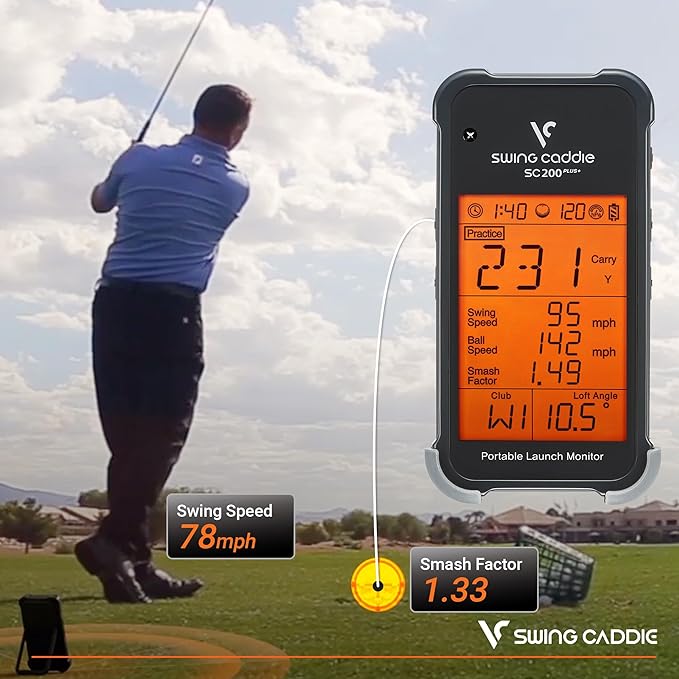 Voice Caddie Swing Caddie SC200 Plus launch monitor showing swing speed and carry distance beside a golfer