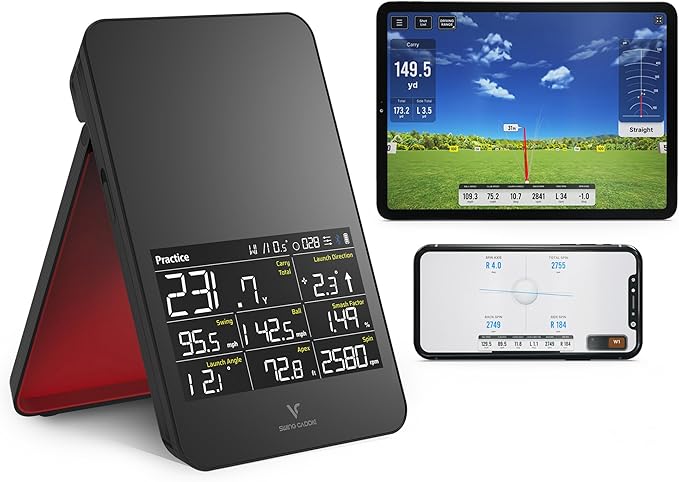 Voice Caddie SC4 Pro launch monitor with shot data screen and red stand, beside a tablet showing a 3D driving range