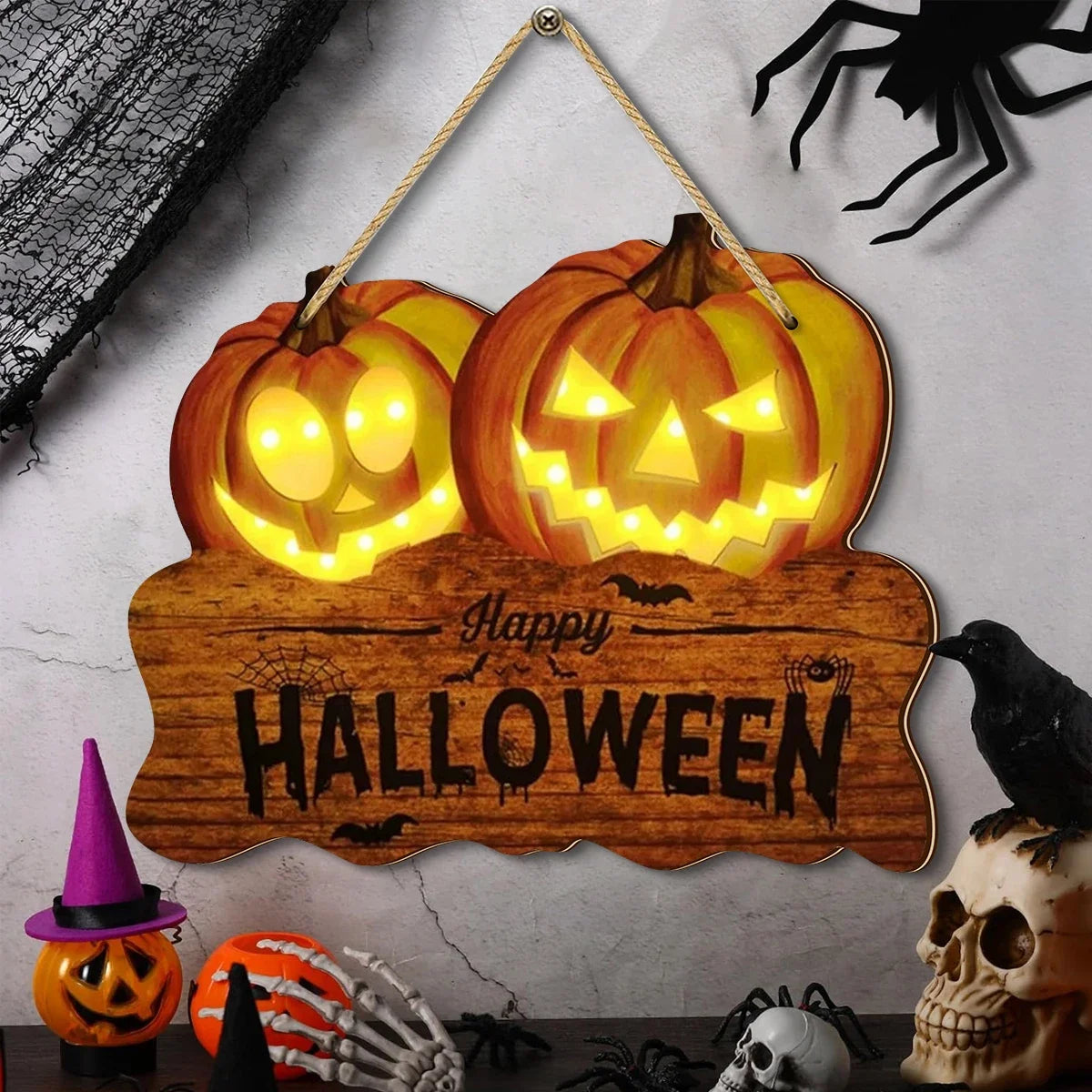 Light up the wooden Halloween sign with two jack-o'-lantern pumpkin lanterns for festive home decoration Proshop