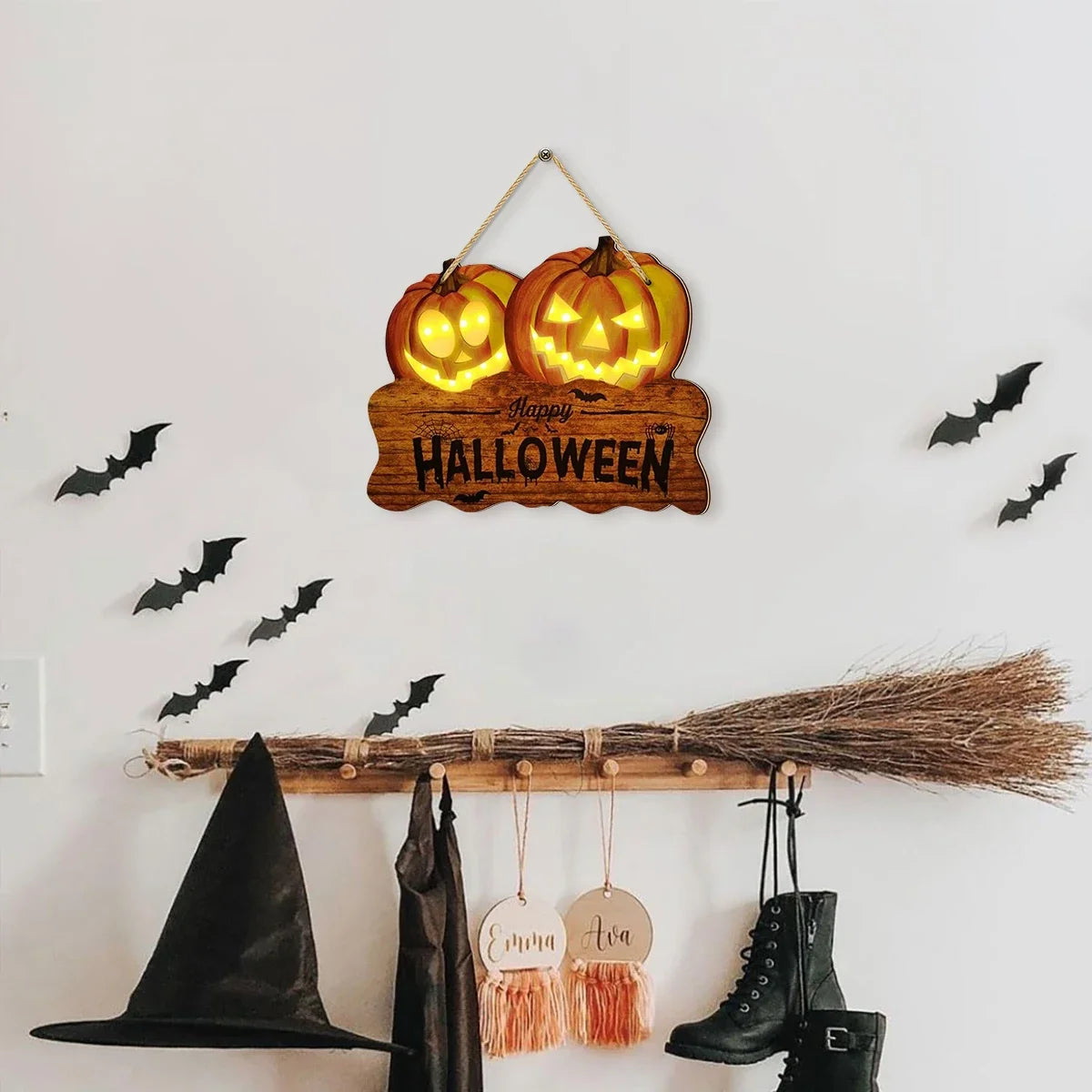 Light up the wooden Halloween sign with two jack-o'-lantern pumpkin lanterns for festive home decoration Proshop