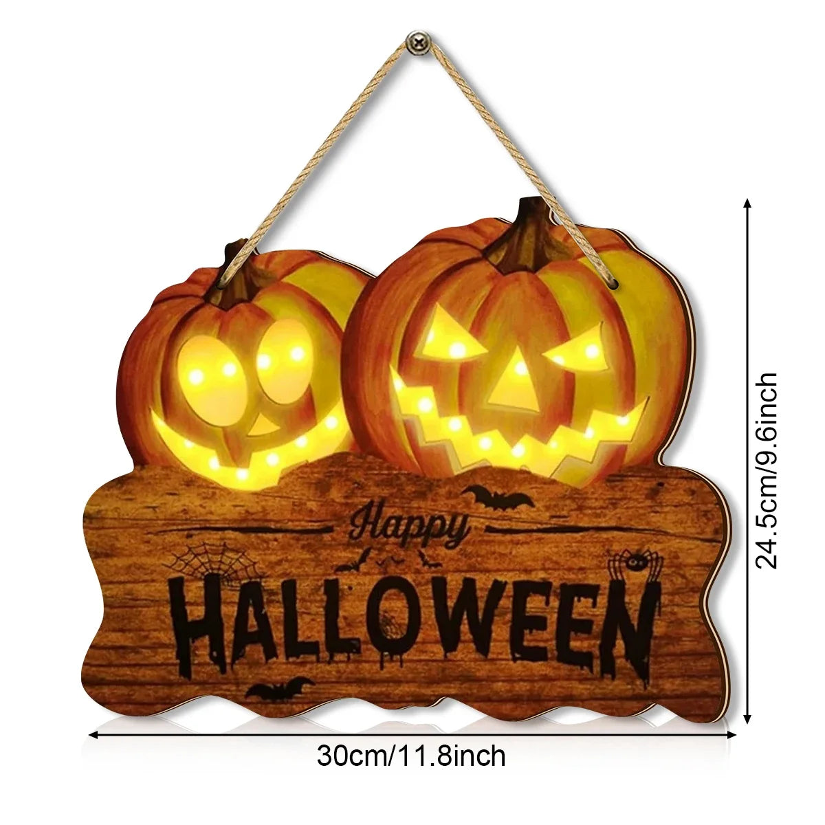 Light up the wooden Halloween sign with two jack-o'-lantern pumpkin lanterns for festive home decoration Proshop