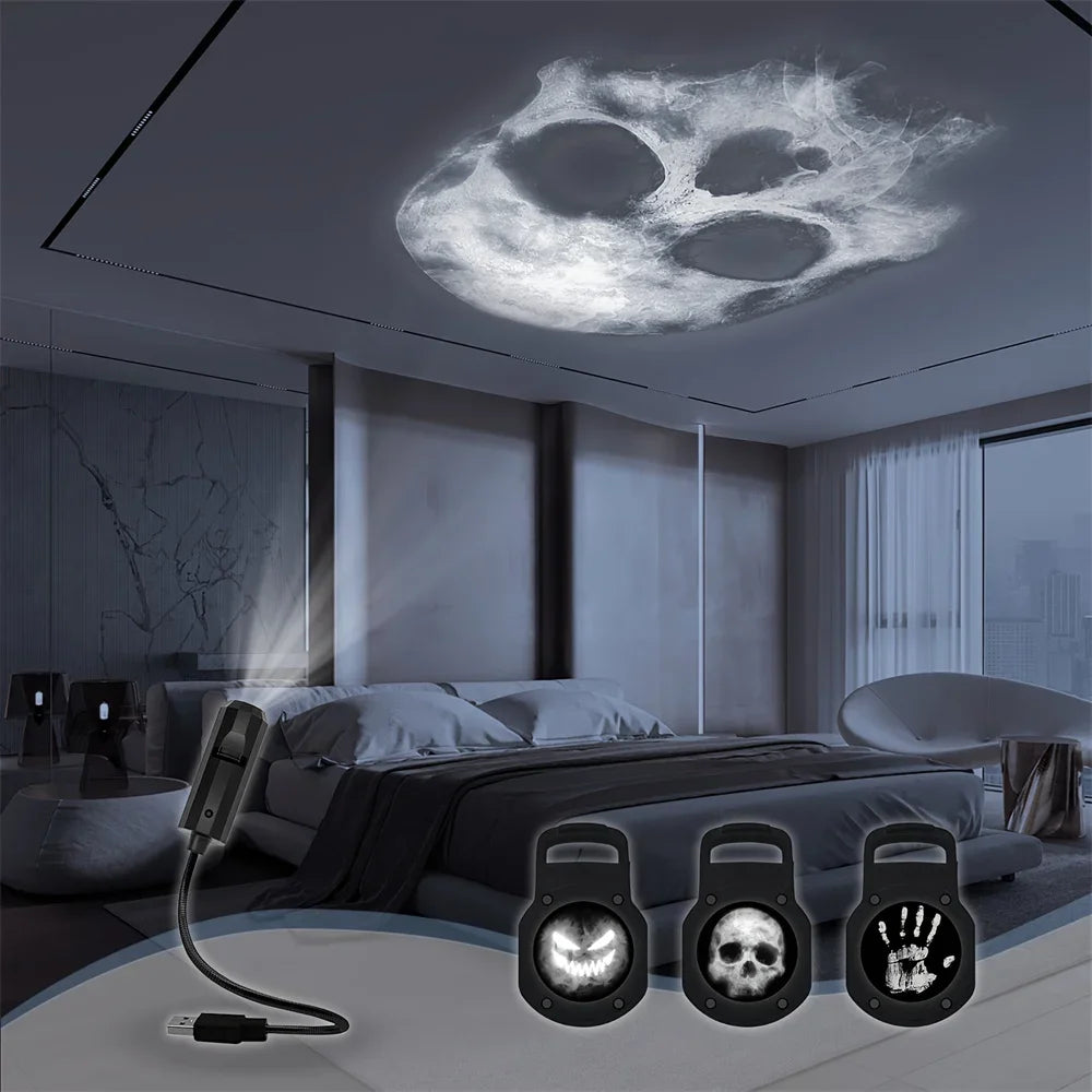 360° Rotatable Skull LED Night Light with Interchangeable Palm Prints & Faces - USB-Powered Halloween Decor for Ceiling & Wall Proshop