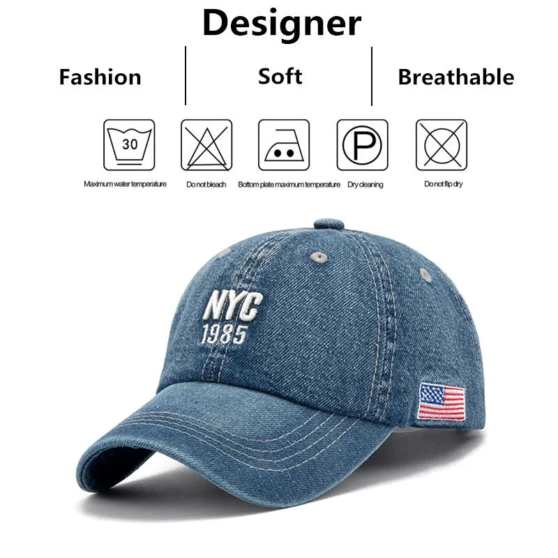 Fashion NYC 1985 Embroidery Denim Snapback Baseball Caps Adjustable Outdoor Casual Adult Wash Sports Golf Sun Hats Proshop