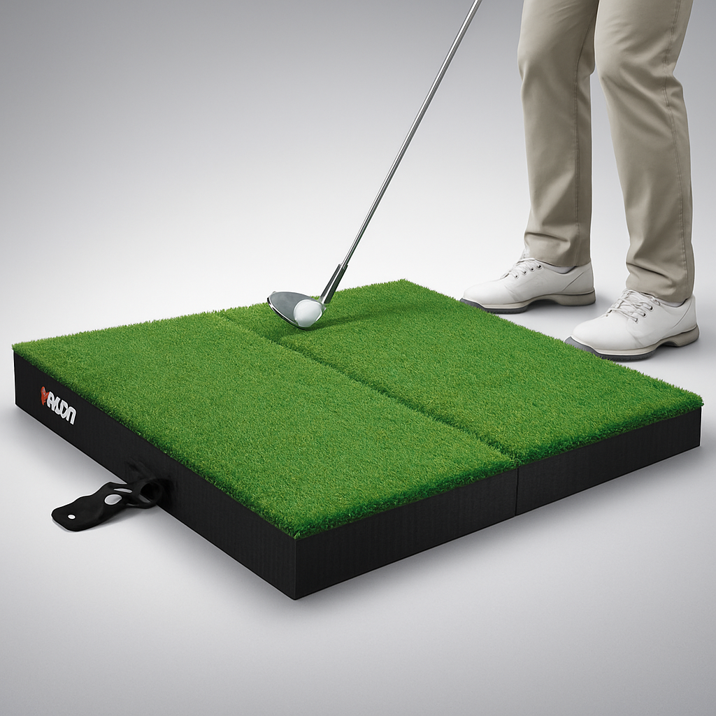 Slope training mat with green turf hitting surface on an angled base, golfer addressing a ball