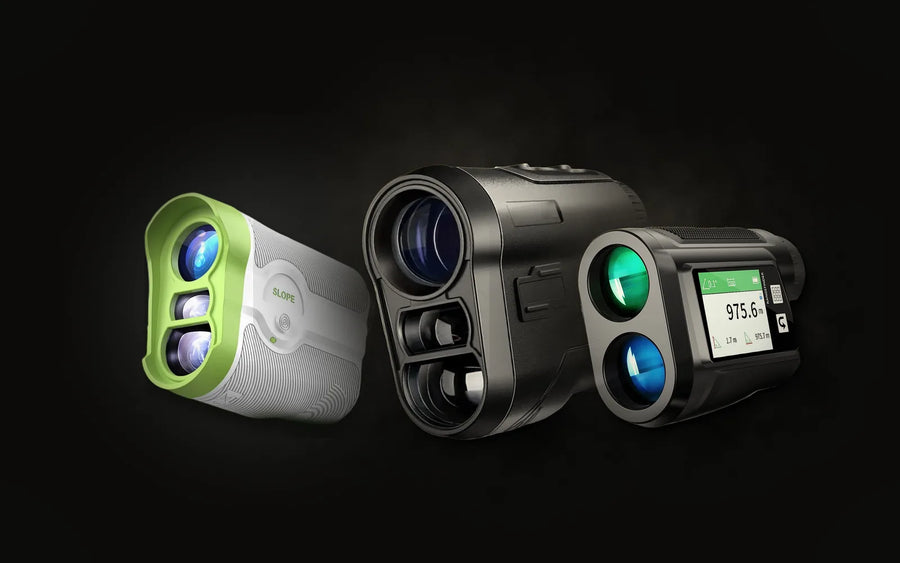 Line-up of three golf rangefinders: slope, 600m and 1500m touch-screen models